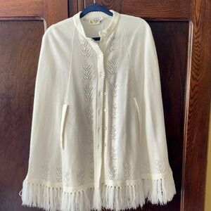 Sweater Bee by Banff Ltd. Button Front Ivory Fringe Poncho